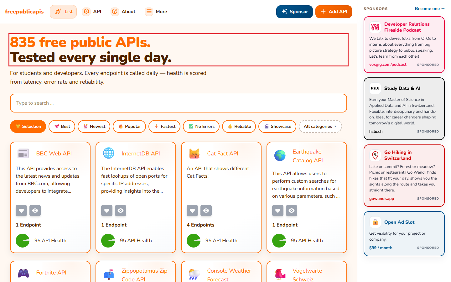 Free Public APIs directory showing category choices and API cards