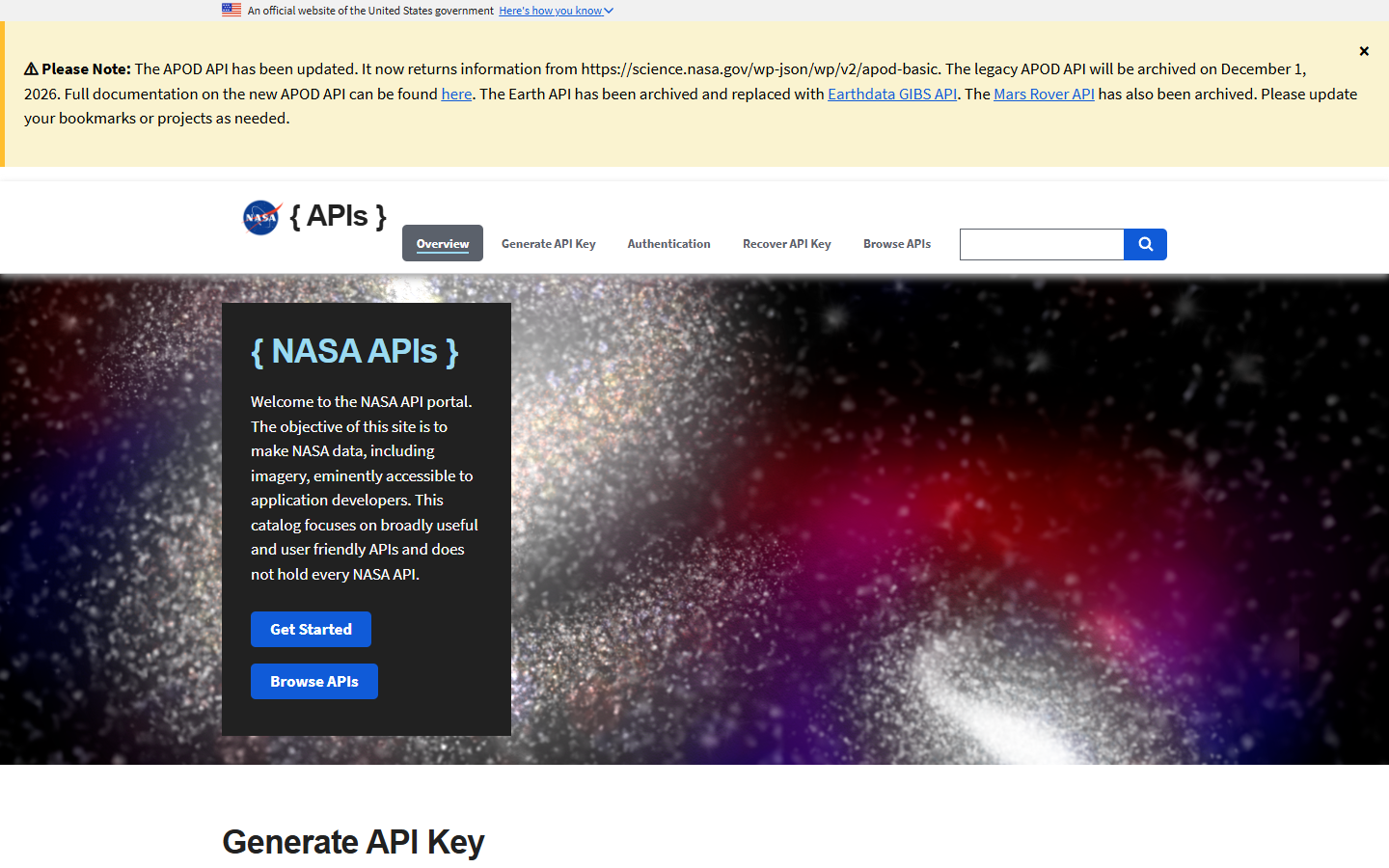 NASA Open APIs page with its key and access sections visible
