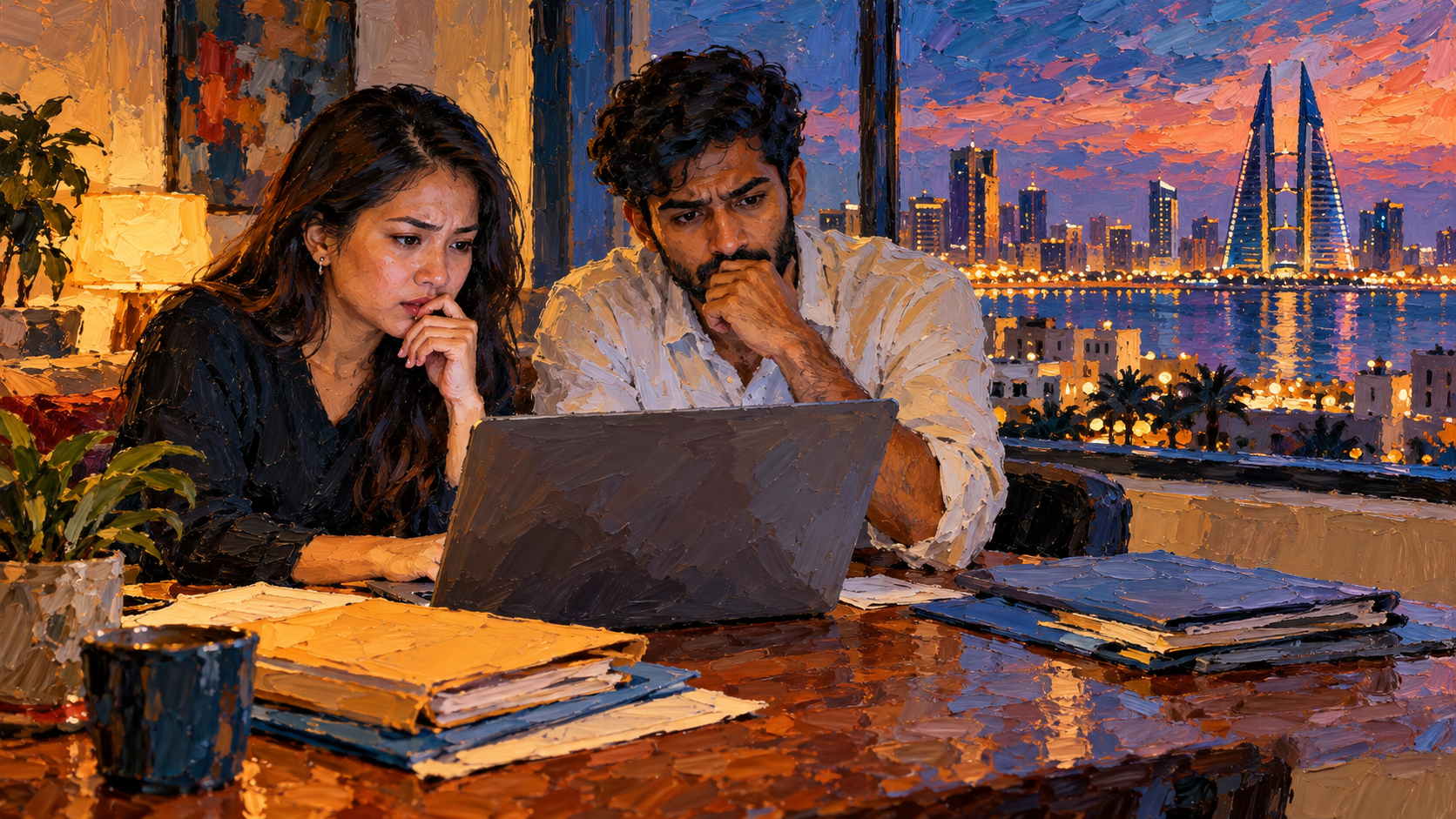 Painted scene of two developers in Bahrain studying an unmarked laptop after security news