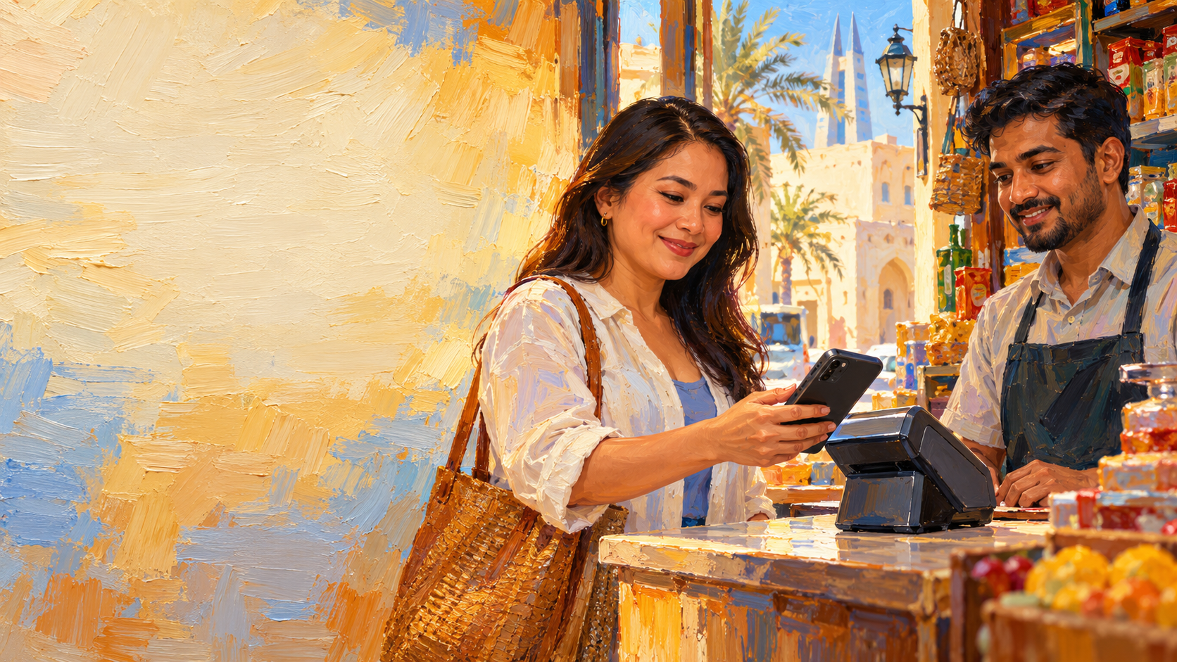 Painted scene of a Bahrain shop customer checking her phone beside a contactless card reader