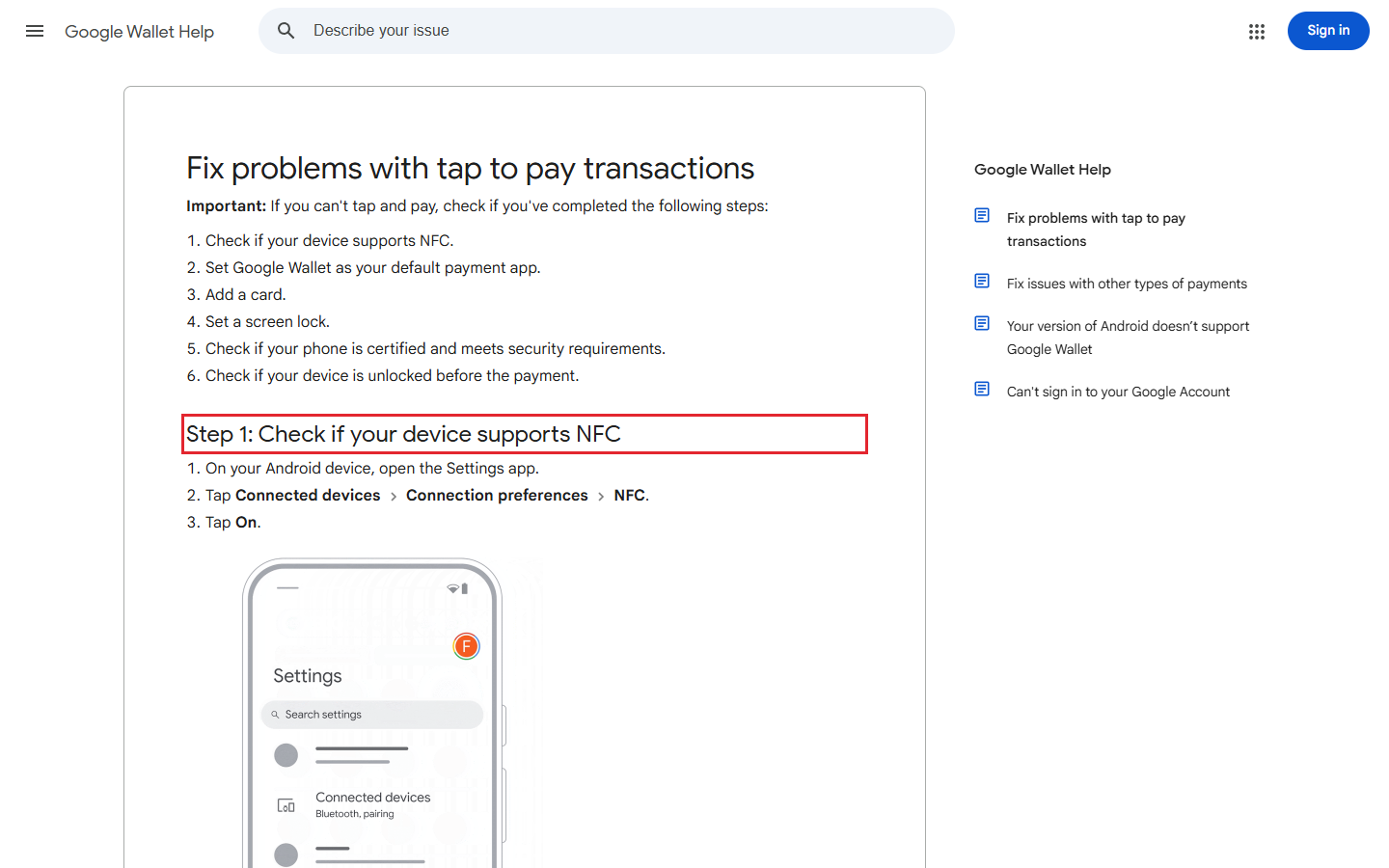 Google Wallet Help checklist showing NFC, default payment app and screen-lock checks