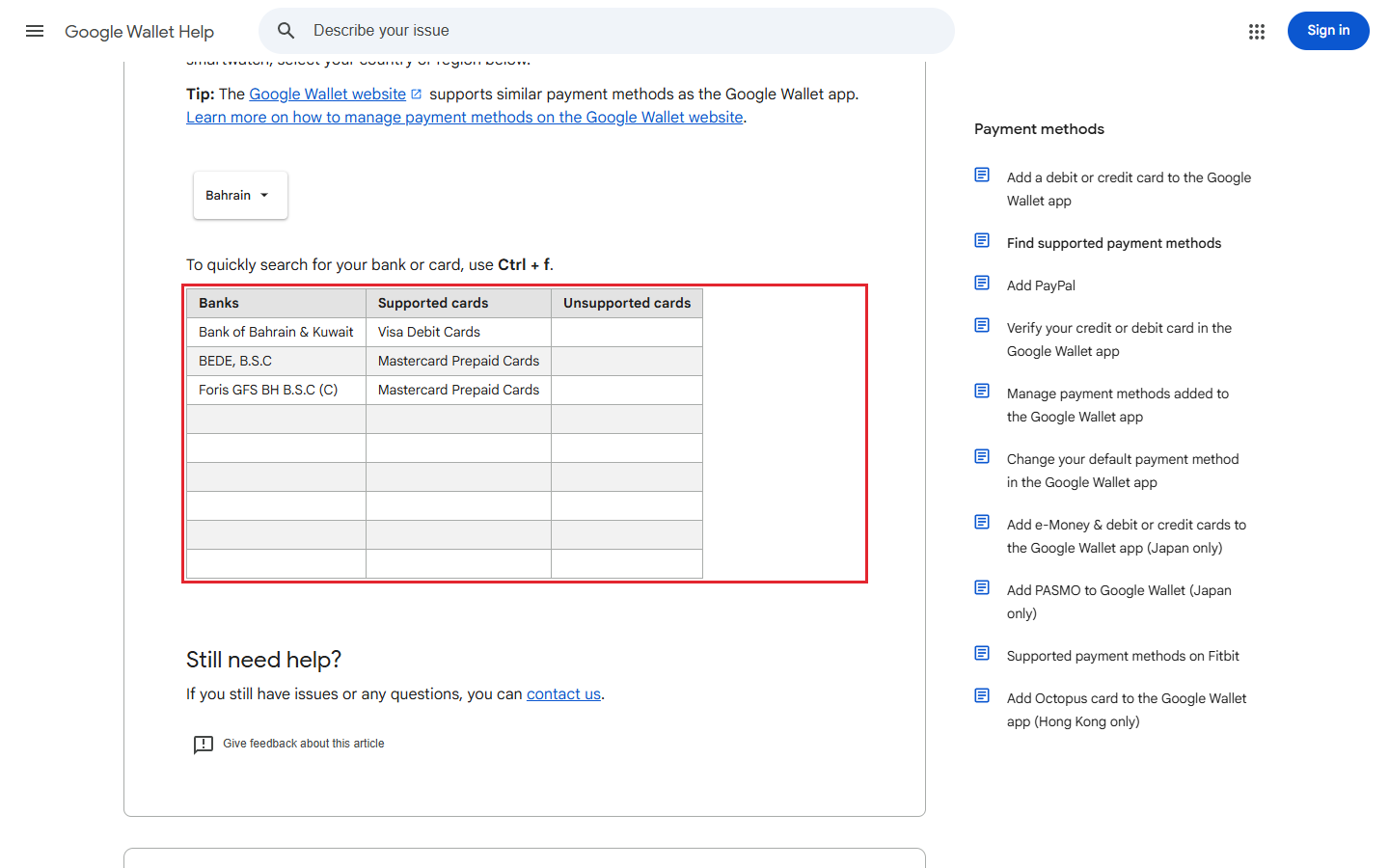 Google Wallet Help page for finding supported payment methods in Bahrain