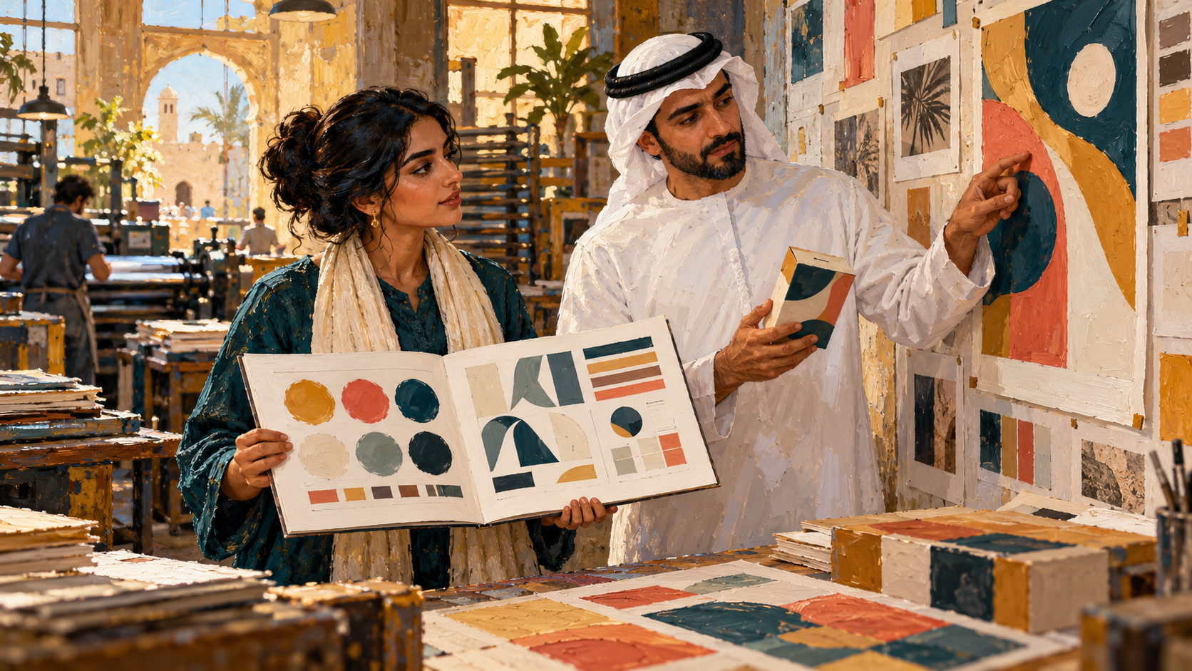Two designers reviewing a painted brand guide and print samples in a Bahrain studio