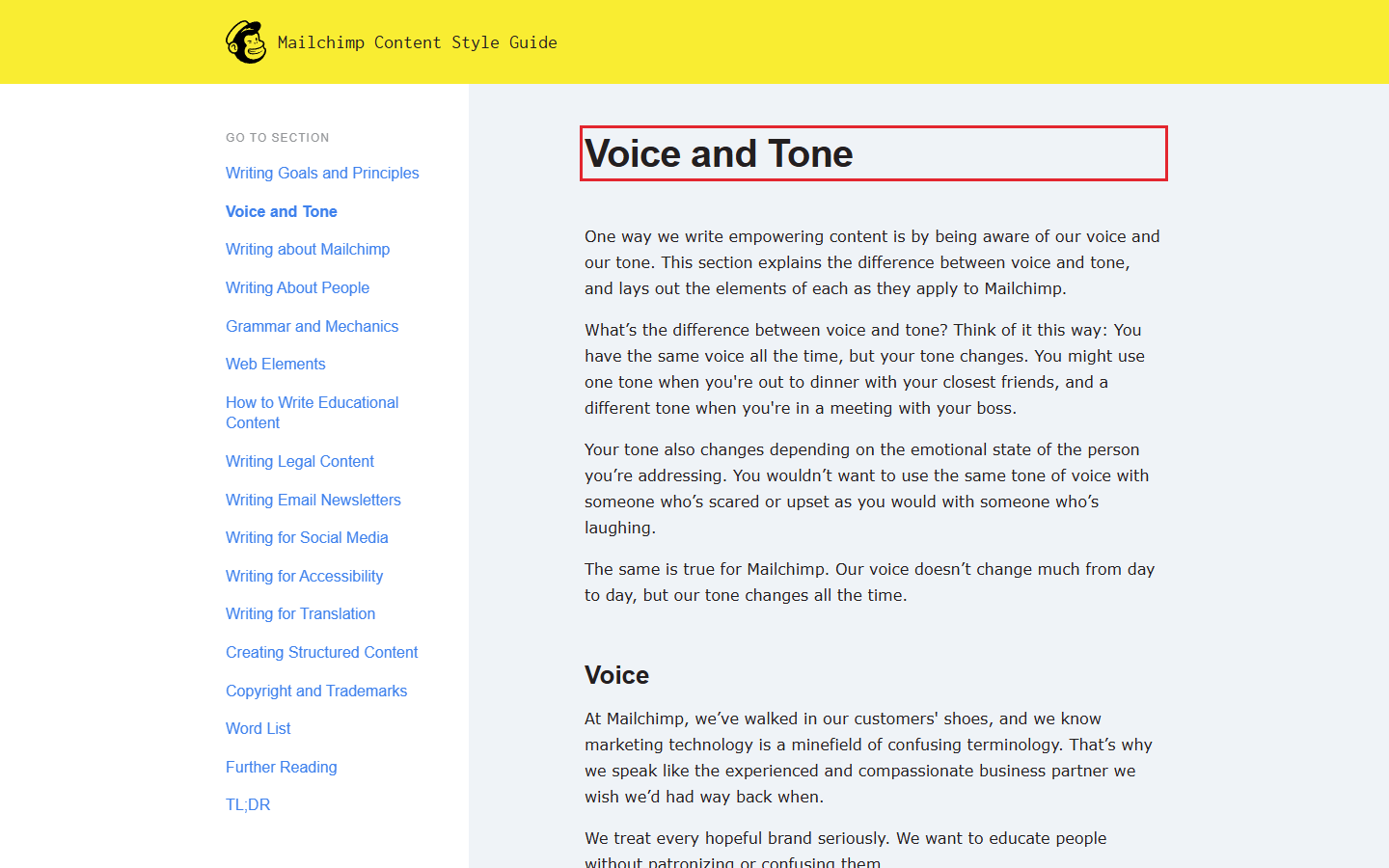 Mailchimp's public voice and tone guide, with the heading outlined