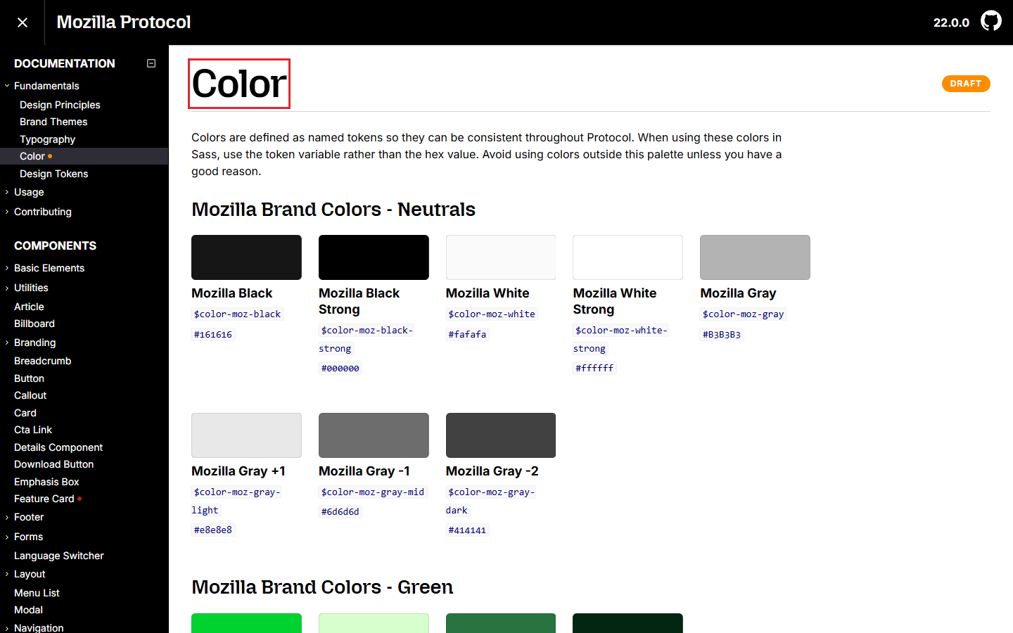 Mozilla Protocol's public color documentation, with the heading outlined