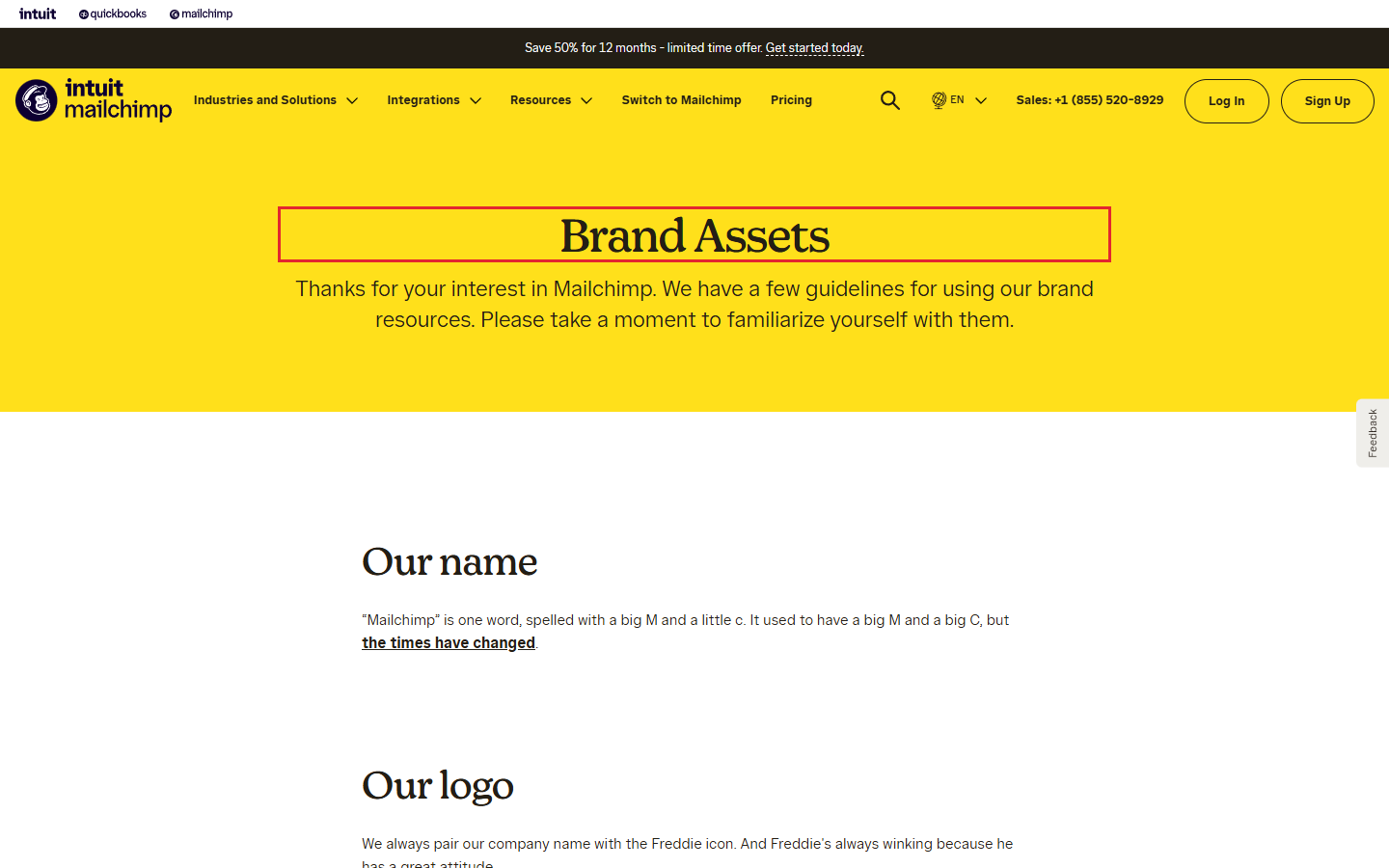 Mailchimp's public brand asset page, with its heading outlined