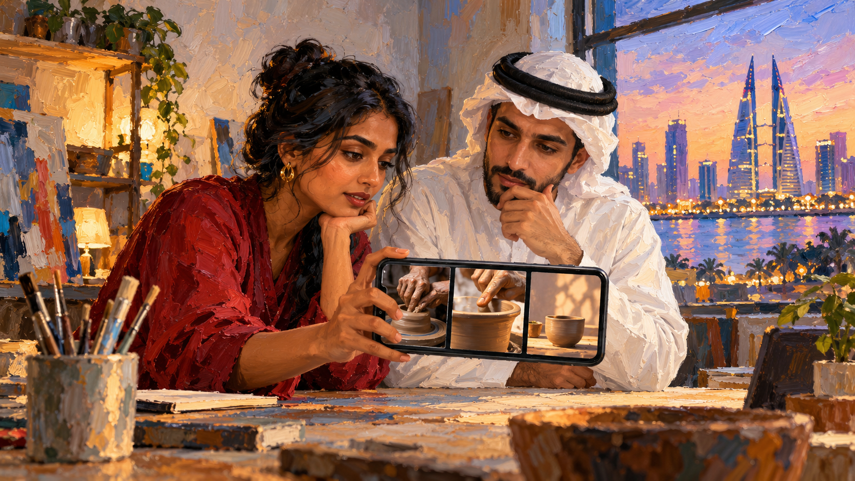Painted Bahrain studio scene with two creators comparing pottery video frames on a phone
