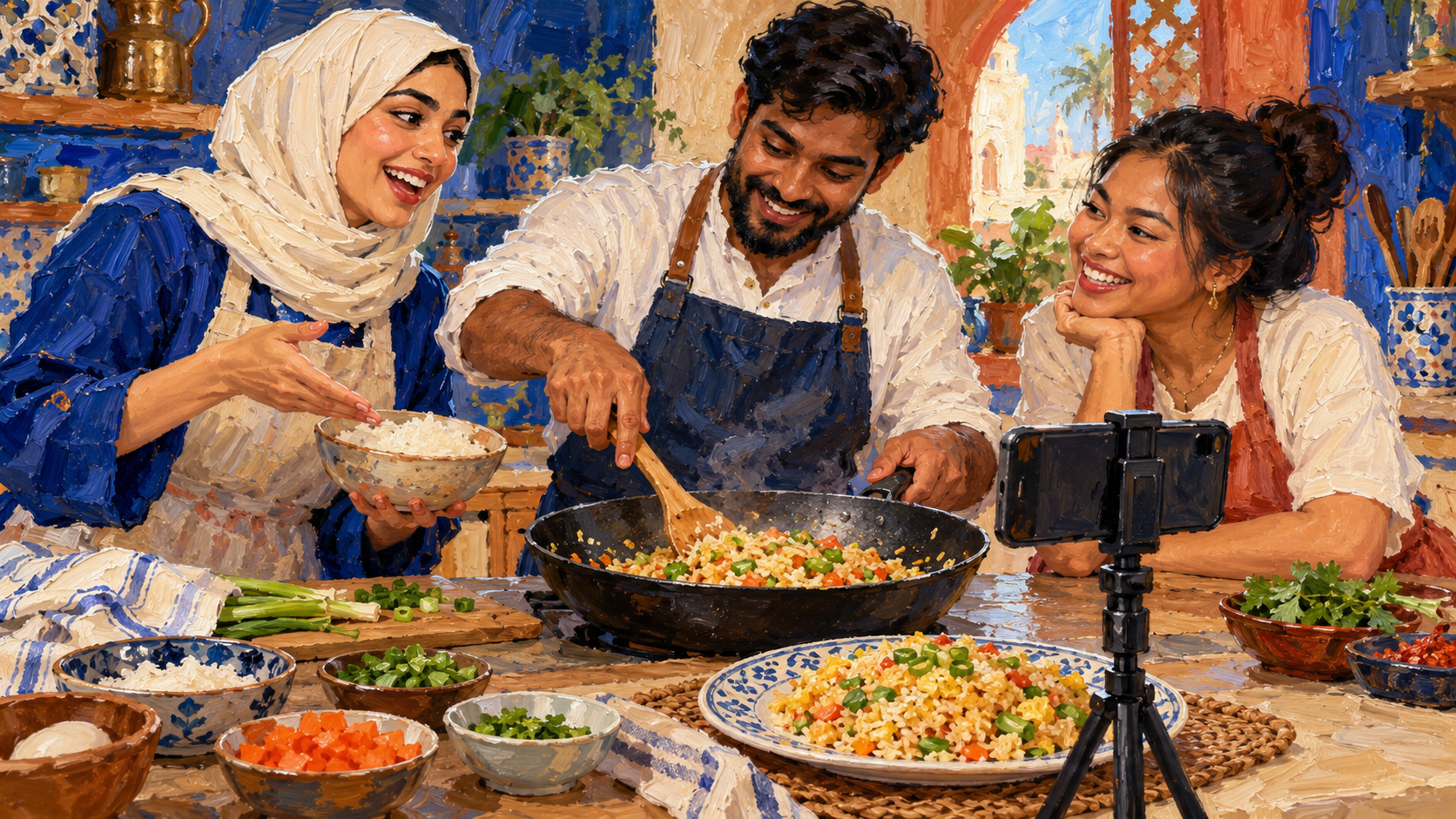 Painted Bahrain kitchen scene with three creators filming a rice cooking tutorial