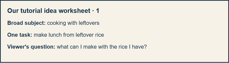 Original worksheet narrowing cooking with leftovers to one tutorial task