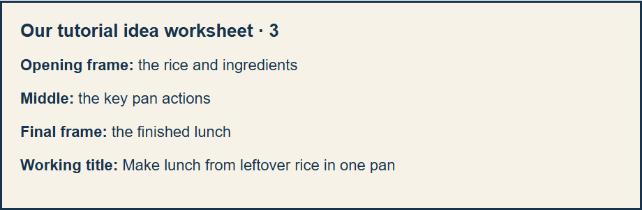 Original shot list worksheet for a leftover rice tutorial