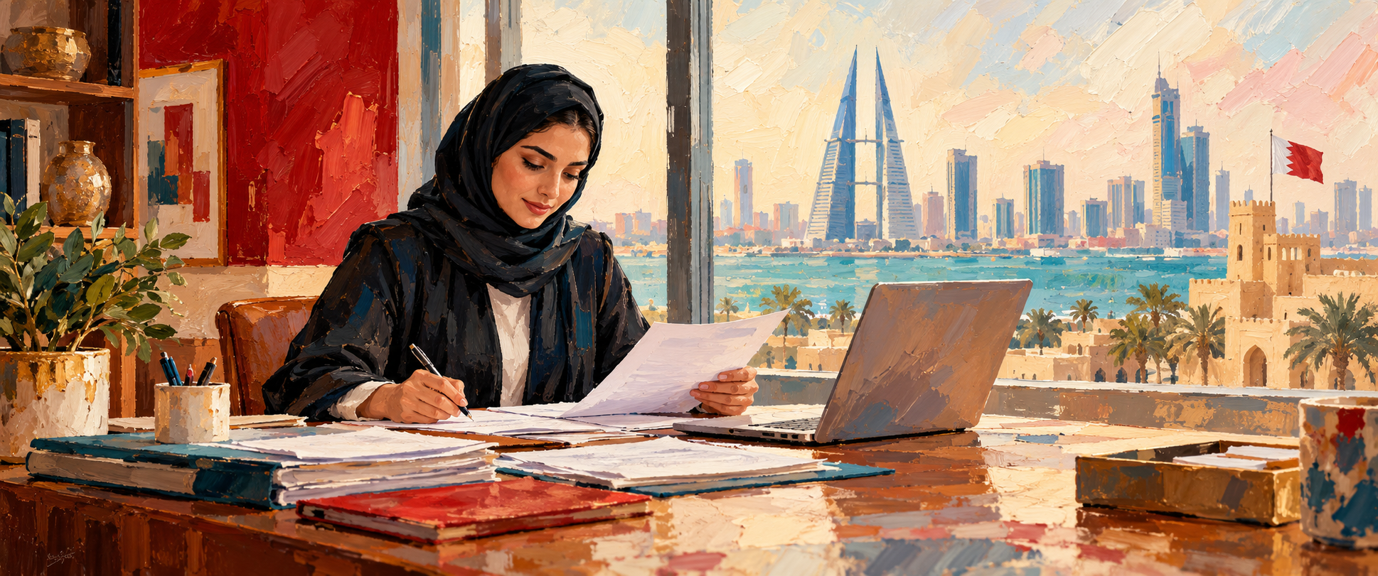 Painted scene of a Bahrain business owner reviewing accounts at a desk