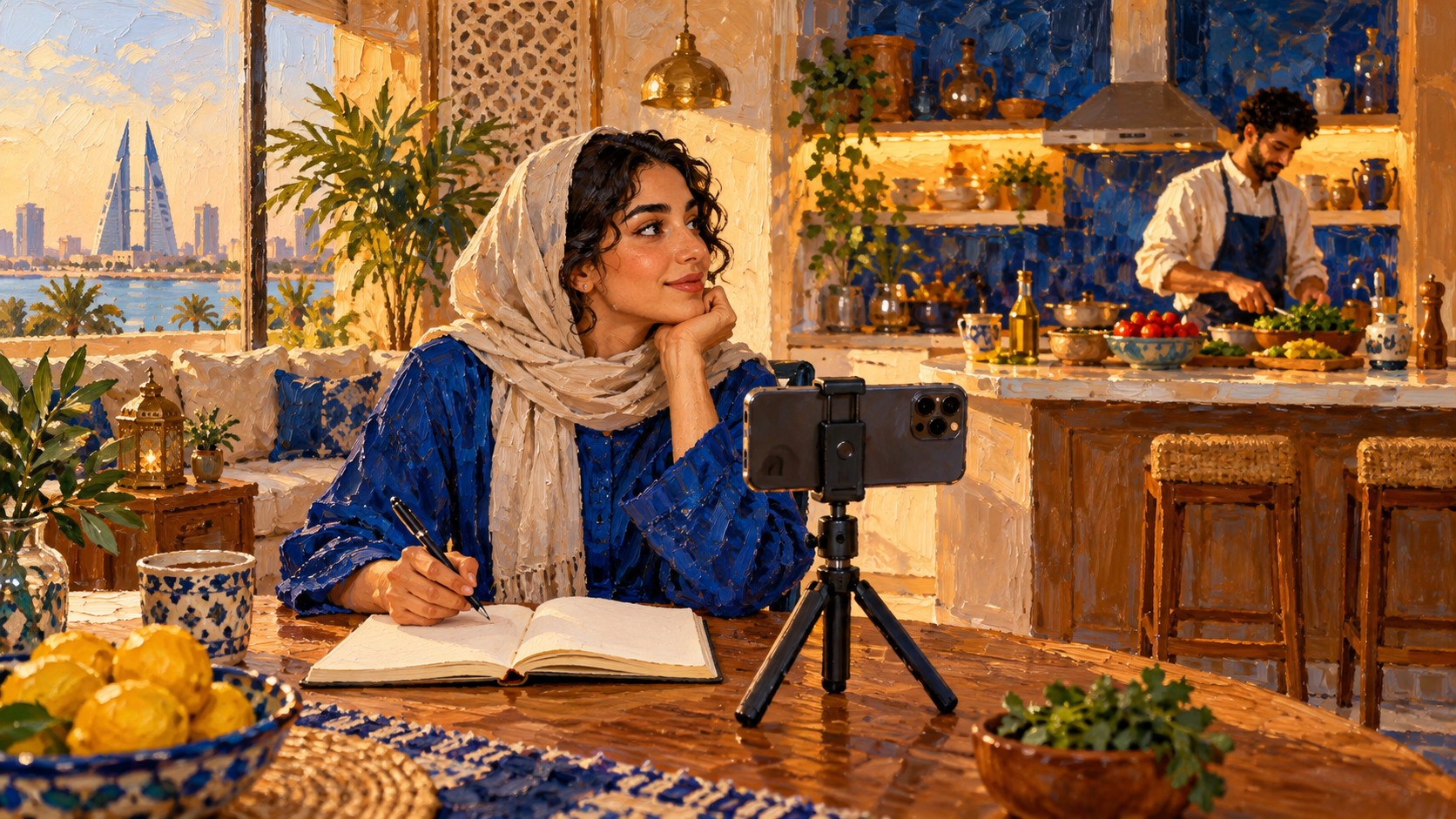 Painted Bahrain home scene of a creator planning a short cooking video with a phone and notebook