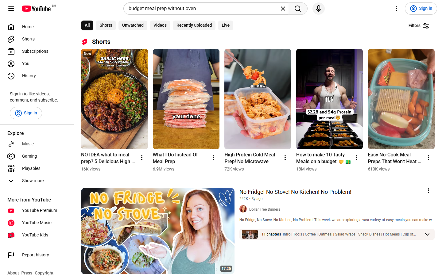 Signed-out YouTube results for budget meal prep without oven showing several Shorts and a longer video