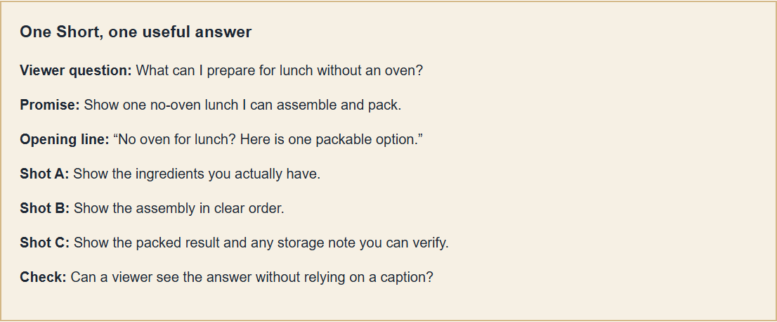 The original one-Short shot-plan worksheet with a no-oven lunch example