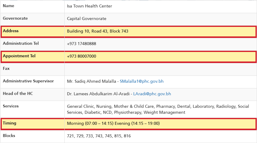 Step 1: confirm the Isa Town Health Center address, phones and hours on the Ministry of Health page.