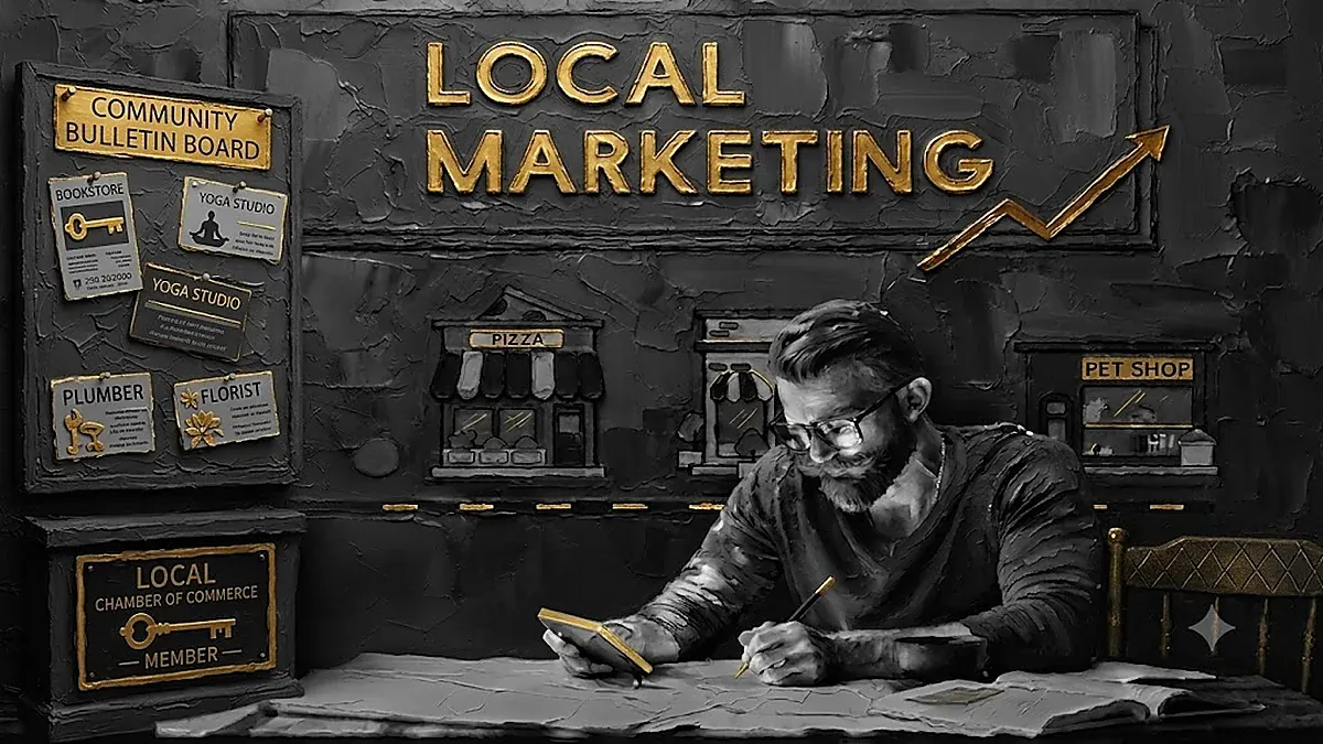 Local business marketing 2026: monochrome impasto illustration of a business owner planning strategy beside a community bulletin board and neighbourhood storefronts