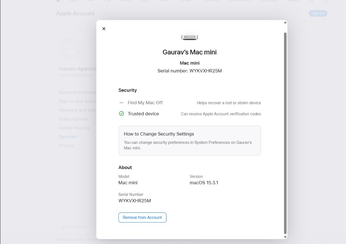 Apple Account page showing Gaurav Mac mini device details with macOS 15.3.1 and serial number