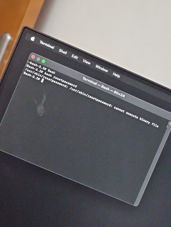 Terminal window in macOS Recovery Mode showing resetpassword command being executed