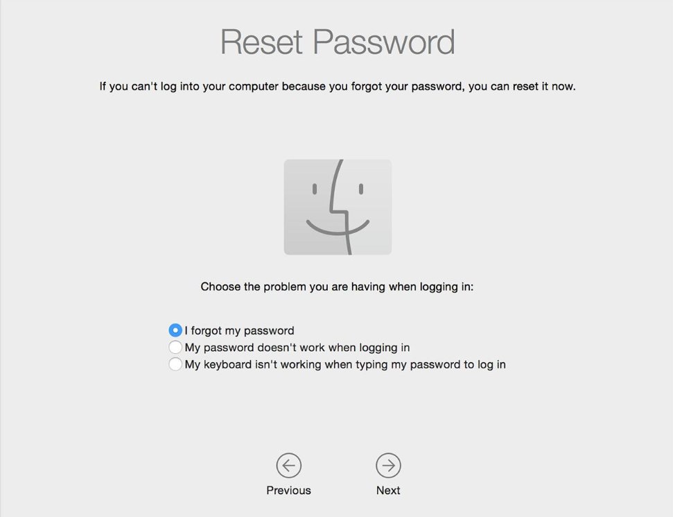 Reset Password screen showing three radio options I forgot my password selected