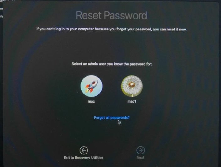 Reset Password screen showing two admin users mac and mac1 with Forgot all passwords link at bottom