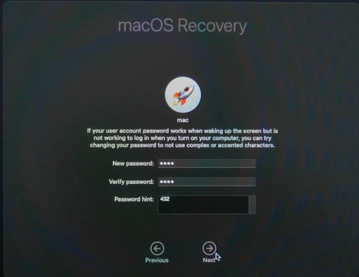macOS Recovery new password screen showing New password Verify password and Password hint fields