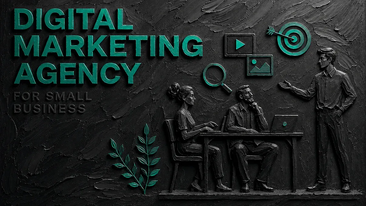 Marketing agency for small business 2026: monochromatic impasto relief of an SME team reviewing digital marketing performance with an agency consultant