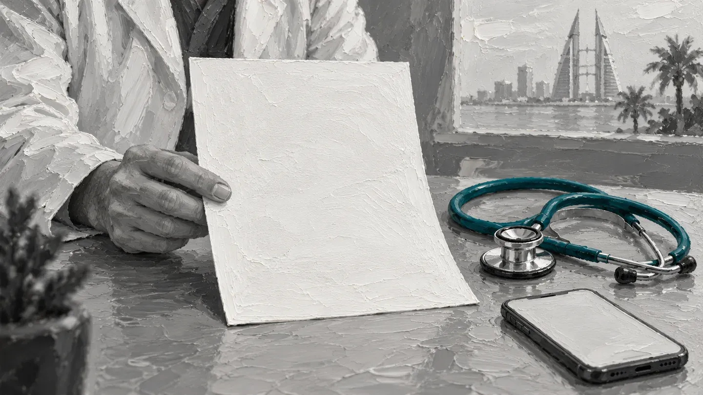 Thick monochrome painting of a blank medical report, phone and stethoscope with one teal accent