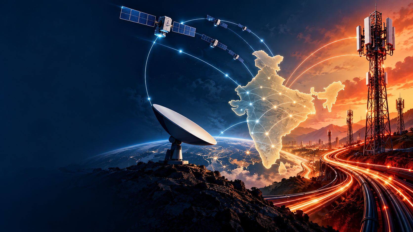 Satellite broadband dish, satellite and telecom towers over a map of India