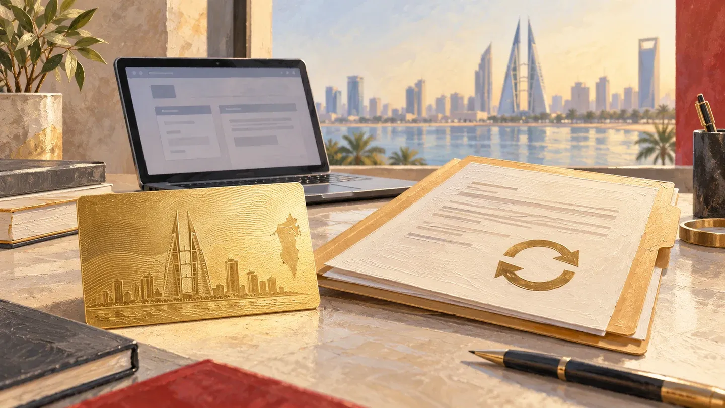 Hand-painted illustration of a Golden Residency card, work permit folder and laptop in Bahrain
