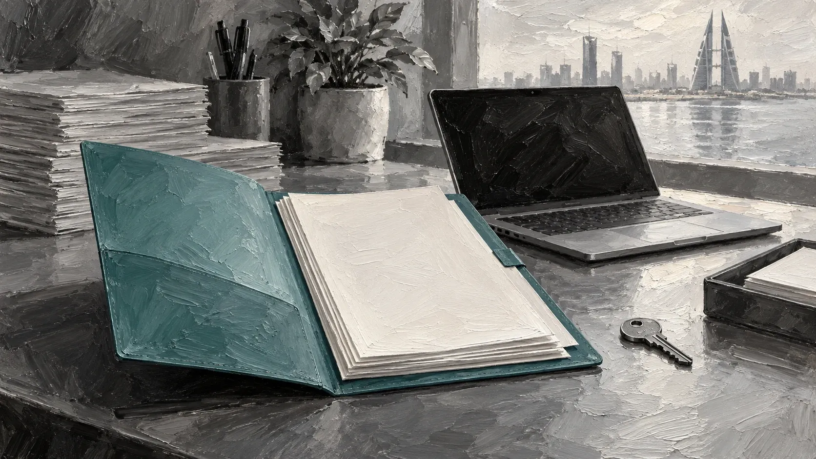 Thick monochrome painting of a blank contribution record folder, key and laptop with one teal folder
