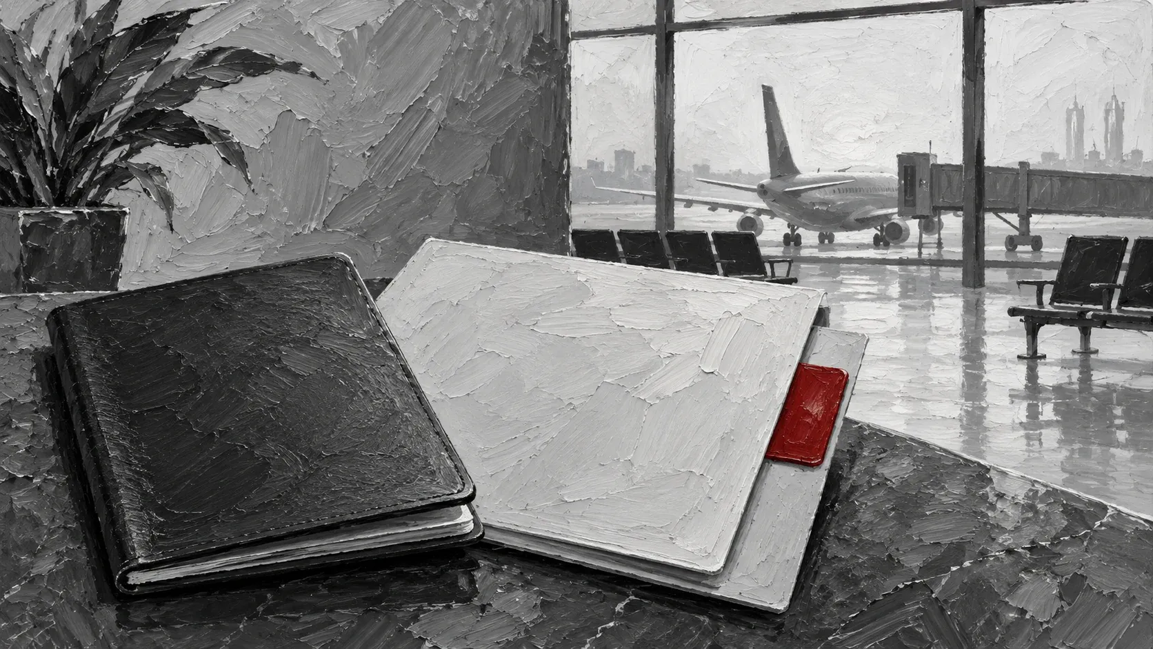 Monochrome impasto painting of a passport and cancellation folder at an airport with one red accent