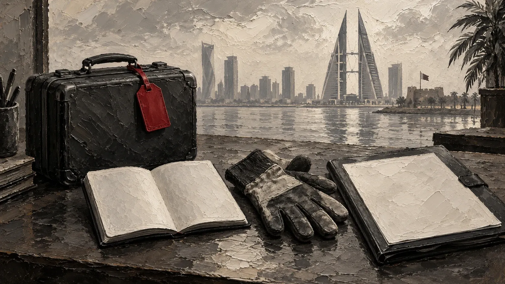 Monochrome impasto painting of a blank passport, suitcase, work glove and permit folder with one red accent