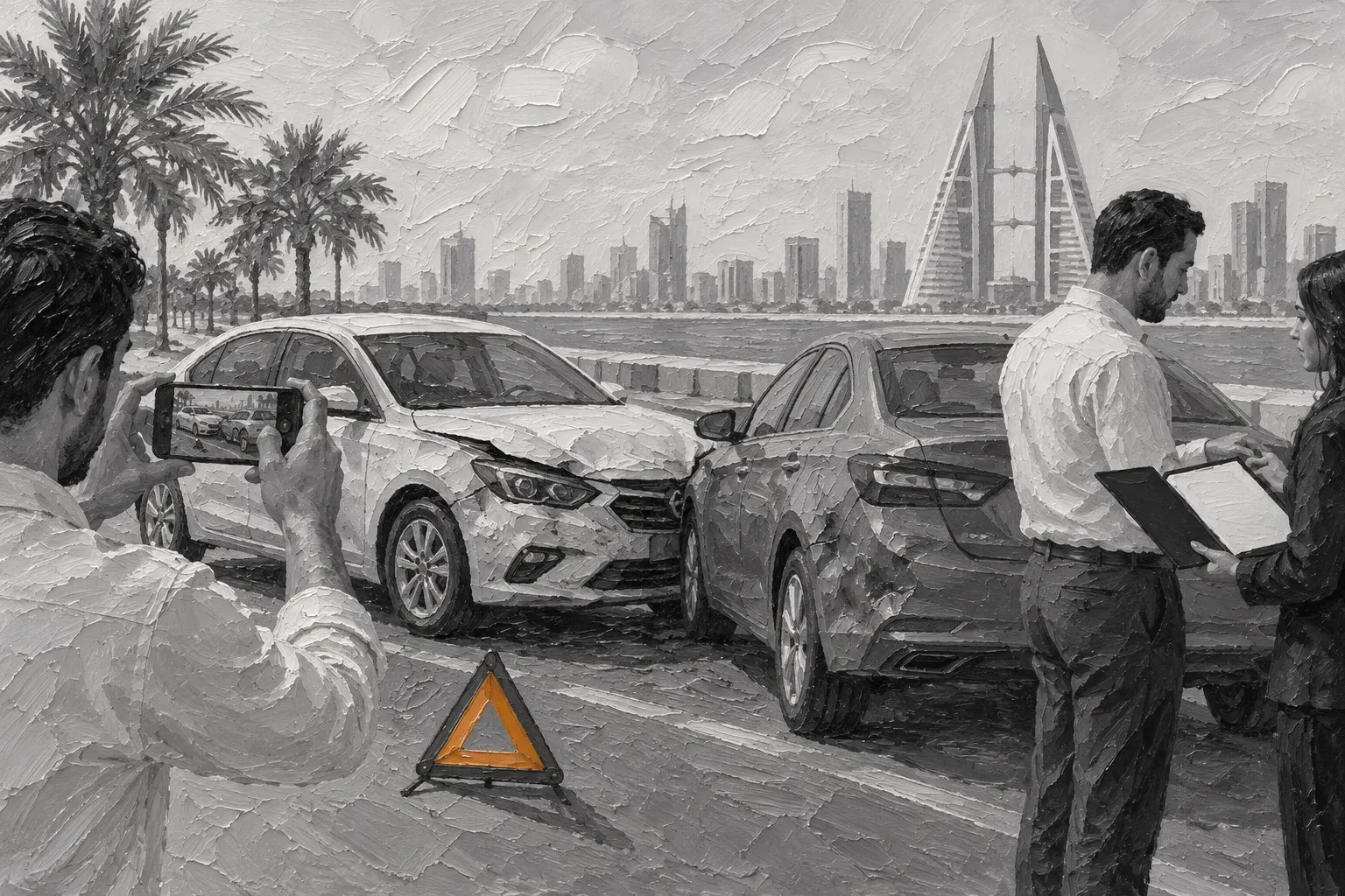 Impasto painting of a minor Bahrain road accident being documented with a phone and one amber warning triangle