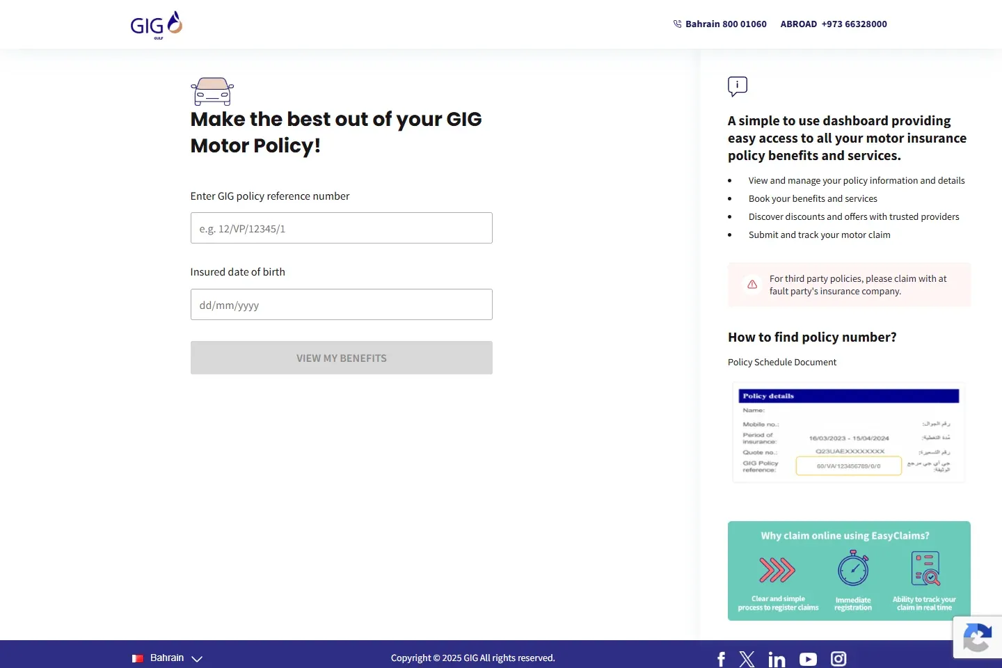 GIG Gulf Bahrain customer portal for accessing motor policy information