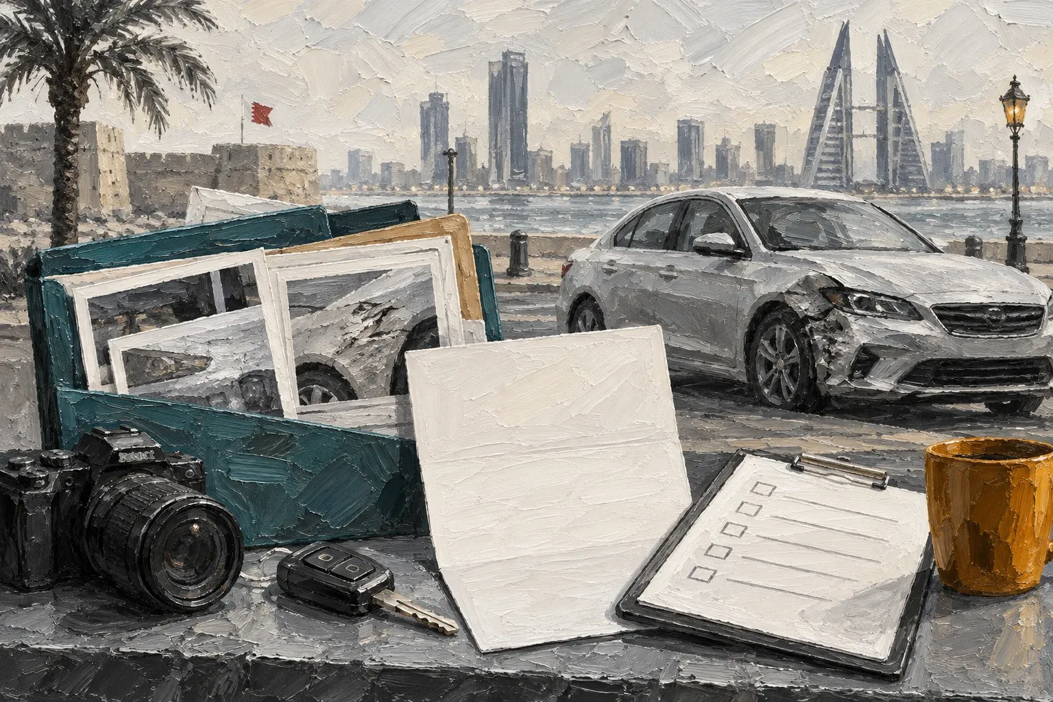 Impasto painting of a damaged car, evidence folder, blank rejection letter and checklist in Bahrain