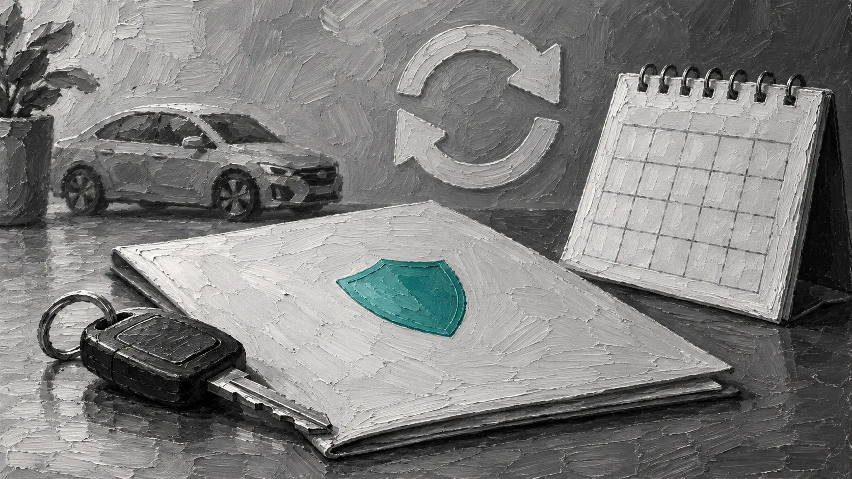 Impasto painting of a car, car key, blank policy folder, calendar and teal shield