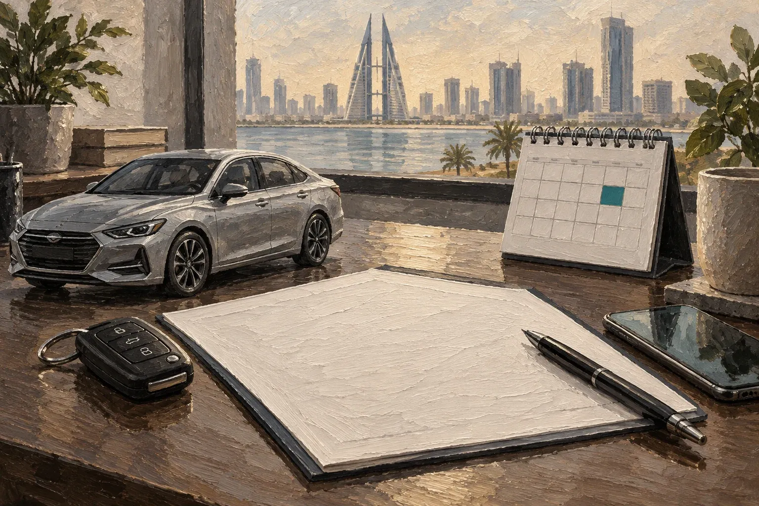 Impasto painting of a car, blank renewal document, calendar and phone overlooking Bahrain Bay