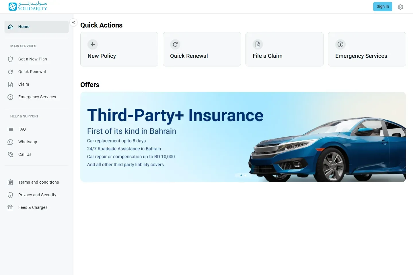 Solidarity Bahrain online portal with the public Quick Renewal action