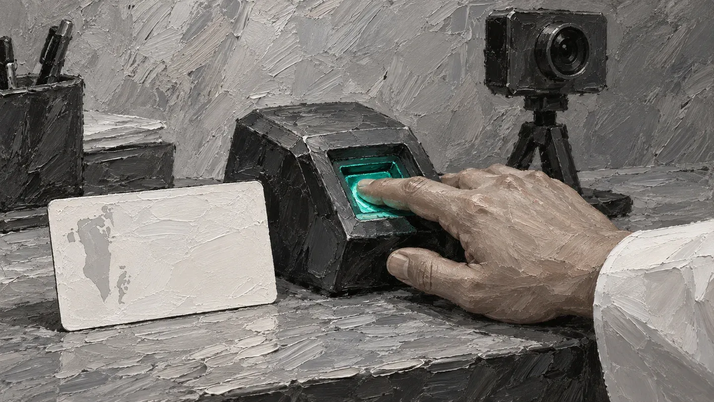 Grayscale impasto painting of a hand on a biometric scanner beside a blank identity card and camera with one teal light