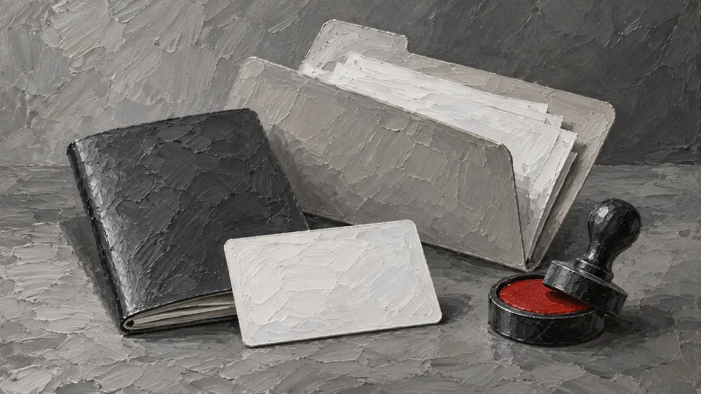 Grayscale impasto painting of a blank passport, blank permit card, file folder and red stamp pad