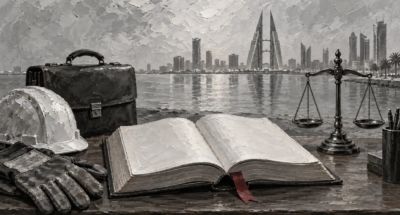 Hand-painted Bahrain labour law desk with an open book, work equipment and balance scale