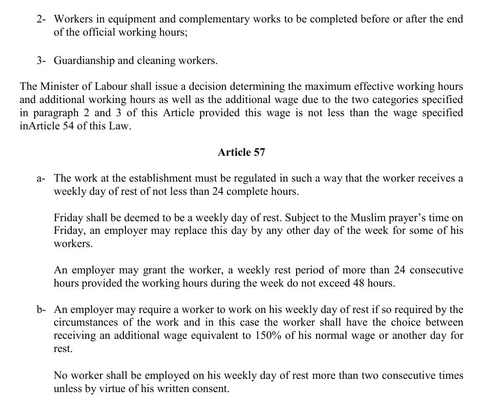 Official English Bahrain Labour Law Article 57 on weekly rest-day compensation