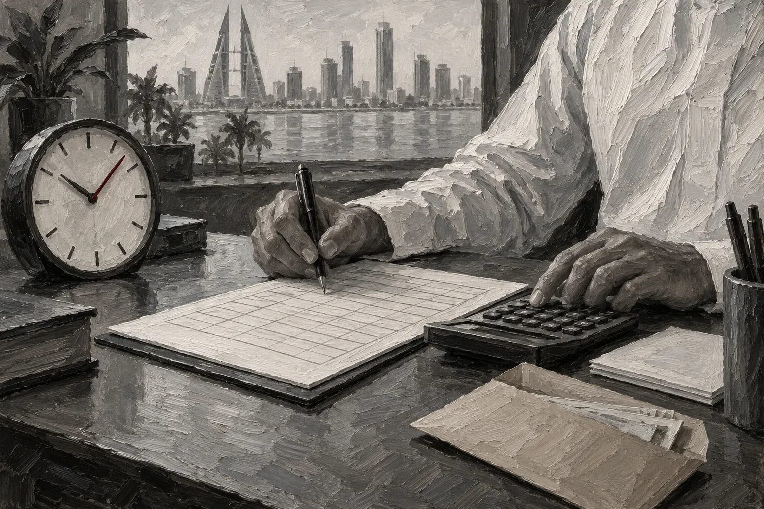 Original hand-painted illustration for bahrain overtime calculation
