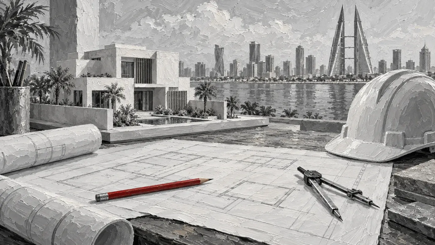 Hand-painted architectural desk with a Bahrain home model, plans and one red pencil