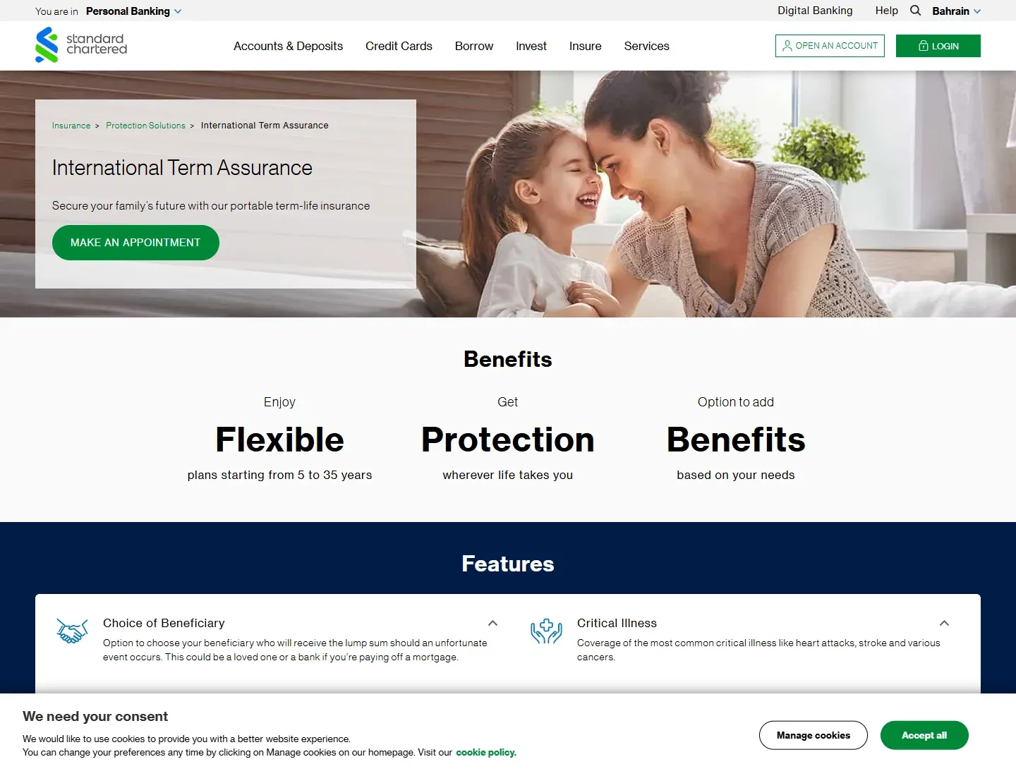Standard Chartered Bahrain official international term assurance page