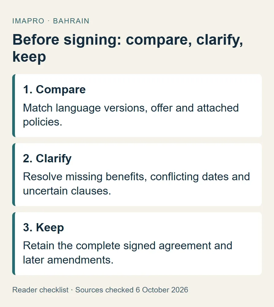 Three practical contract-review actions: compare the documents, clarify the terms and keep the signed set.