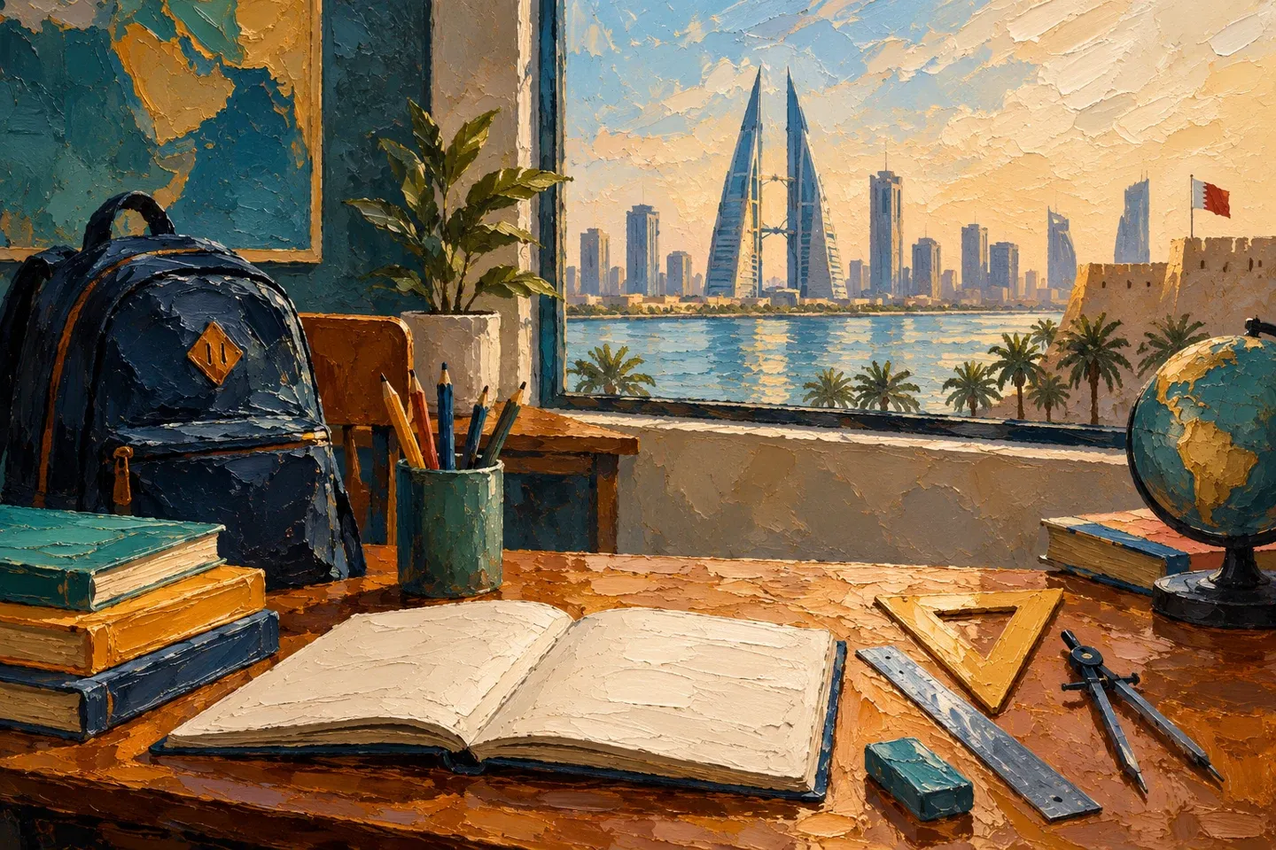 Conceptual editorial illustration for indian schools in bahrain.