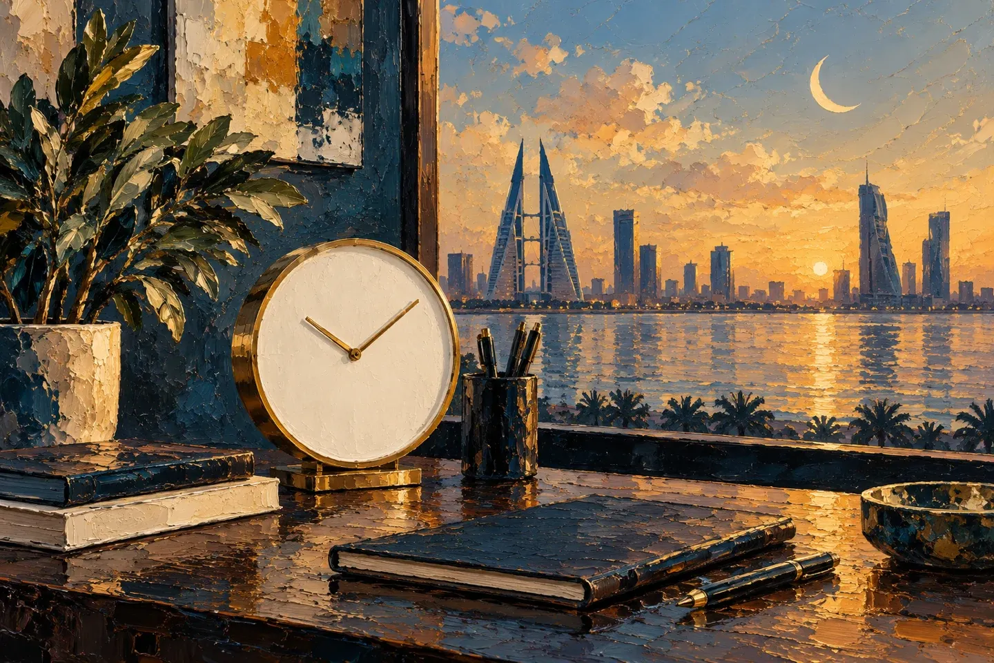 Conceptual editorial illustration for ramadan working hours bahrain.