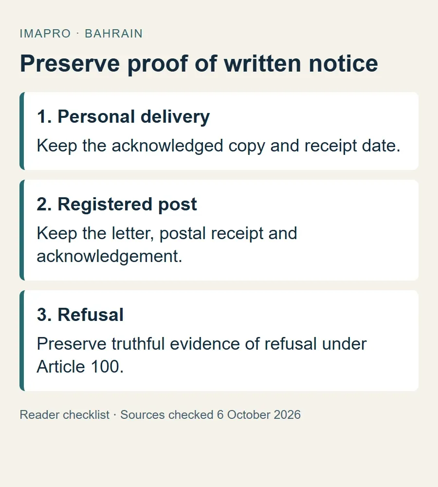 Three evidence situations for a Bahrain resignation notice: acknowledged delivery, registered post and refusal.