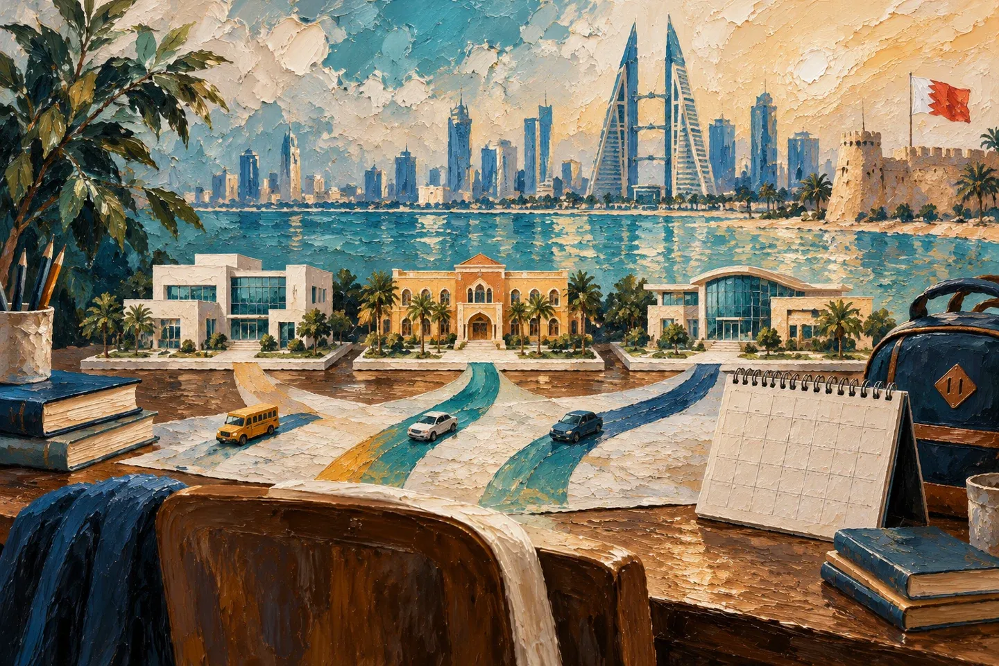 Conceptual editorial illustration for schools in bahrain.